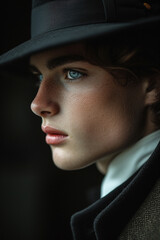 stylish man wearing in 19th century times victorian clothes and hat