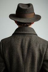 Rear view on stylish man wearing in 19th century times victorian clothes and hat