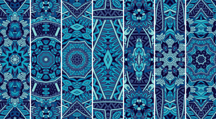 Festival Abstract Mandala ethnic pattern set with blue color psychedelic print design. Mexican tribal geometric carpet ornament banner collection