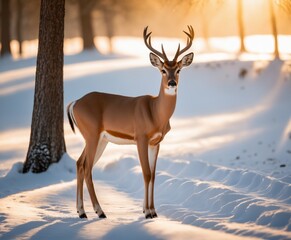 Impala  standing in the snow in front of trees with the sun shining through the trees