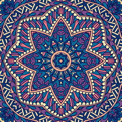 Abstract damask mandala star seamless ornamental pattern. Doodle ethnic tribal geometry psychedelic colorful fabric print.