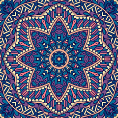 Abstract damask mandala star seamless ornamental pattern. Doodle ethnic tribal geometry psychedelic colorful fabric print.