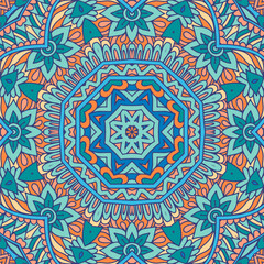 Abstract damask mandala seamless ornamental pattern. Doodle ethnic tribal geometry psychedelic colorful fabric print.
