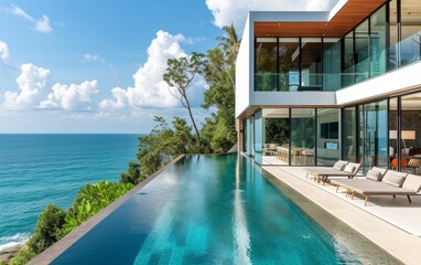 Modern villa with an infinity pool overlooking the ocean, featuring expansive outdoor living space.