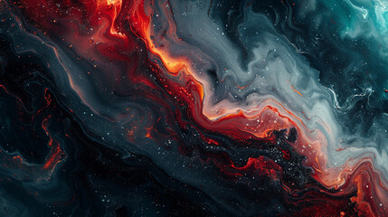 A surreal fusion of molten lava reds and cool arctic blues converging on a polished marble surface, capturing the essence of opposing forces.  - obrazy, fototapety, plakaty
