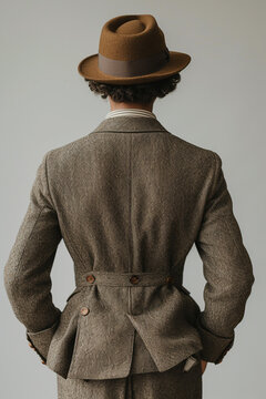 Rear view on stylish man wearing in 19th century times victorian clothes and hat