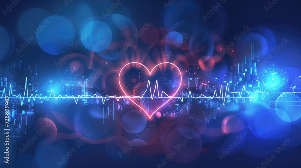 Poster neon heart outline with a vivid heartbeat line on a soft, bokeh blue background with digital element