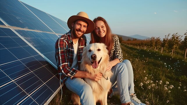 a happy couple sitting beside a solar panel, with their beloved dog, as they capture a memorable photo together, symbolizing their commitment to sustainability and love for their furry companion.
