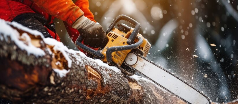 Worker cutting trees use portable gasoline chainsaw in natural background. AI generated image