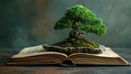 bonsai tree on an open book with moss, in the style of mind-bending illusions, timeless artistry 
