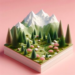 Mountains miniature isolated on a pastel pink background. Mountains area with forest trendy composition. Beautiful 3D model. Wide screen wallpaper, for design and banners.