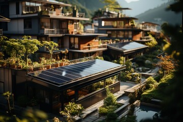 Sustainable Cityscape: Aerial Perspective of Solar Panels Adorning Rooftops in an Urban Neighborhood, Symbolizing the Shift Towards Clean Energy