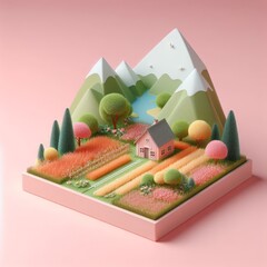 Small house with colorful fields in mountains miniature isolated on a pastel pink background. Farm trendy composition. Beautiful 3D model. Wide screen wallpaper, for design and banners.