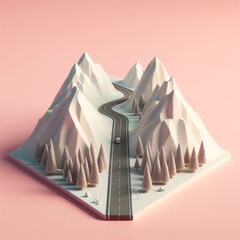 Road through the mountains miniature isolated on a pastel pink background. Mountains area with forest trendy composition. Beautiful 3D model. Wide screen wallpaper, for design and banners.