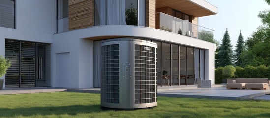 Close up an air heat pump on modern house building. AI generated image