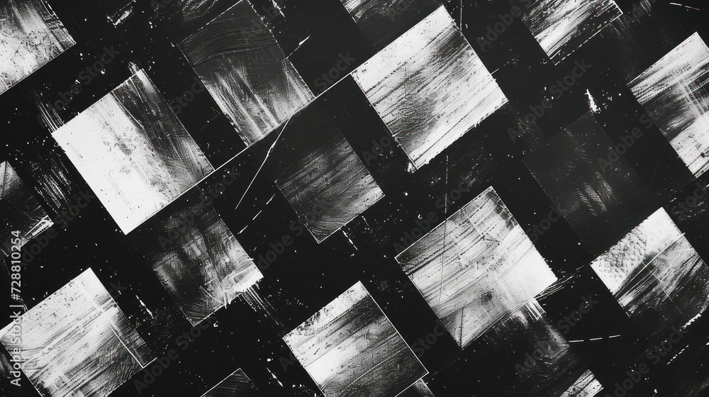 Poster geometric black and white square pattern forming an abstract monotype design.