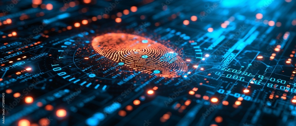 Poster background showcasing the integration of biometric security in healthcare technology, featuring fing