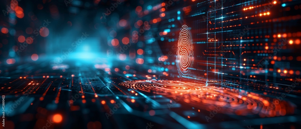 Poster background showcasing the integration of biometric security in healthcare technology, featuring fing