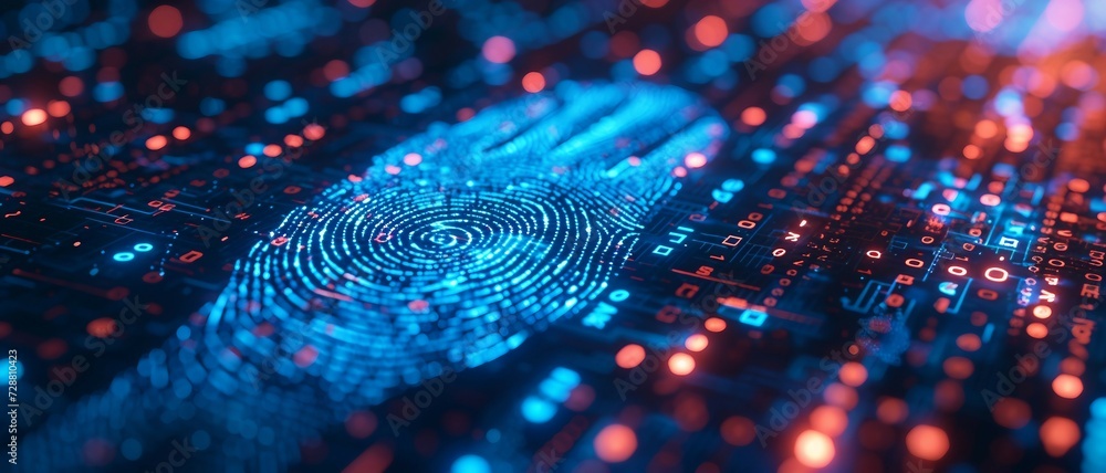 Poster background showcasing the integration of biometric security in healthcare technology, featuring fing