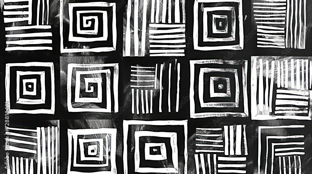 Poster geometric black and white square pattern forming an abstract monotype design.