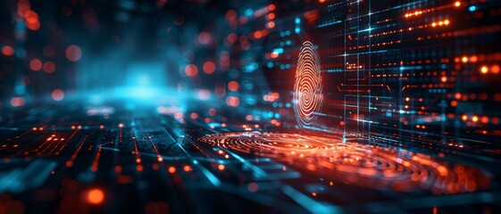 background showcasing the integration of biometric security in healthcare technology, featuring fingerprint and retina scans merging into a digital network.