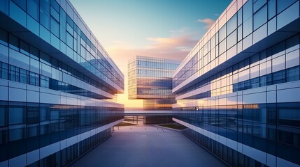 Innovative glass building facade in morning light