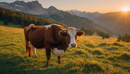 Fototapeta na wymiar A cow grazes on a meadow in the mountains