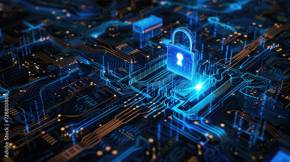 Poster digital padlock symbolizing strong cybersecurity measures on a complex electronic circuit board, hig