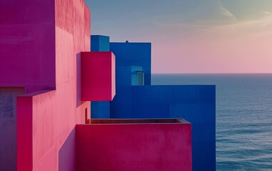 Stark contrasts and bold colors define this abstract architectural composition, where geometric forms meet the infinite horizon.
