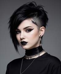  an alluring and seductive image of a goth girl, clad in a black shirt and choker