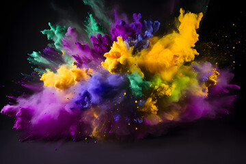 Vivid burst of colored powder in shades of purple, green, and gold. Holi paint powder symbolizing the spirit of festive occasions.   Generative AI,