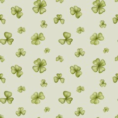 Saint Patrick's Day seamless pattern with watercolor clover leafs elements