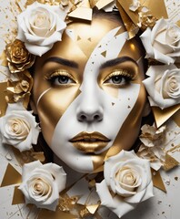 artistic abstract photography of woman's face golden, white roses, detailed symmetric circular iris