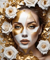 artistic abstract photography of woman's face golden, white roses, detailed symmetric circular iris