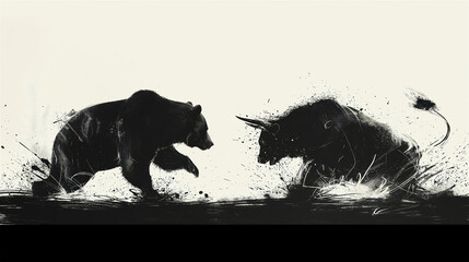silhouette of bear and bull fighting - obrazy, fototapety, plakaty