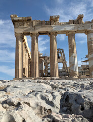 detail of the parthenon, famous landmark ruins at the ancient acropolis in athens greece (historic...