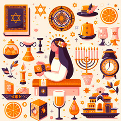 Purim holiday, color flat design, on a light background, set of symbols for poster