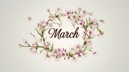 the text "March" delicately intertwined with a floral wreath, set against a light background, evoking the freshness and beauty of spring, perfect for seasonal greetings or calendar designs.