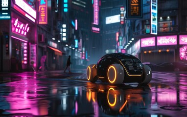 Autonomous vehicle navigates through a neon-lit cityscape at night, showcasing futuristic urban transport.