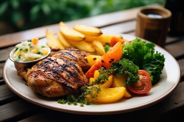 chicken with fries are grilled and eaten with salad and oranges