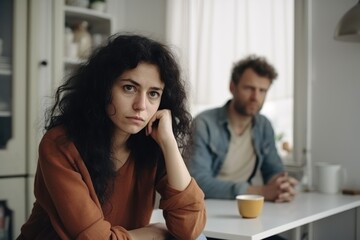 In the dimly lit kitchen, a young couple wearing casual clothes sits with somber expressions. Young couple quarreling, relationship conflict