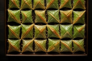 baklava with different shapes and colors of green paste