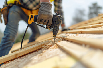 An asphalt shingle worker working on a roof, making a hole with an electric drill on the wood. Work in progress, home improvements and renovation and housing reforms, roof repair