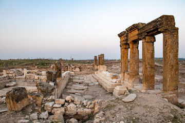 Ruins of Blaundus ancient city in Usak province of Turkey. View at sunrise. The ancient city was in the Roman province of Lydia. Usak, Turkey.