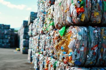 Large stack of compressed plastic bottles into square bales outdoors. Bundles of baled plastic bottles ready for recycling. Stacks of square plastic bales. - obrazy, fototapety, plakaty
