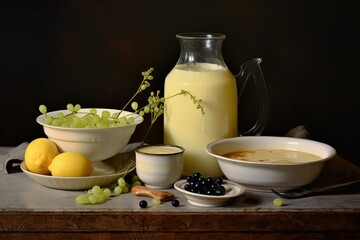 peckish on kheer on a plate with a jug of milk - obrazy, fototapety, plakaty