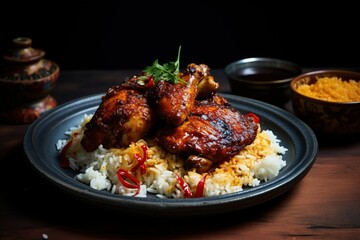 Fototapeta premium sambal chicken with sambal rice on wood background