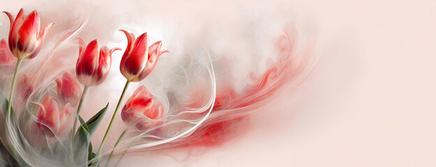 Tapeta w kwiaty, czerwone tulipany na jasnym tle, dym, puste miejsce	 - obrazy, fototapety, plakaty