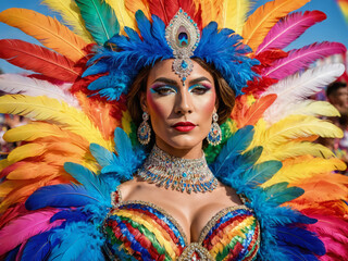 a portrait of a Trans person in a colourful sumptuous rainbow carnival feather suit, circus, drag, drag queen, pride flag, LGBT+, diversity, inclusion