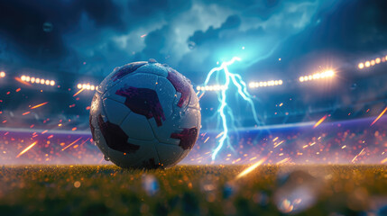 Wet soccer ball on a grass field with a backdrop of lightning and a stormy stadium, capturing a high-energy sports moment.